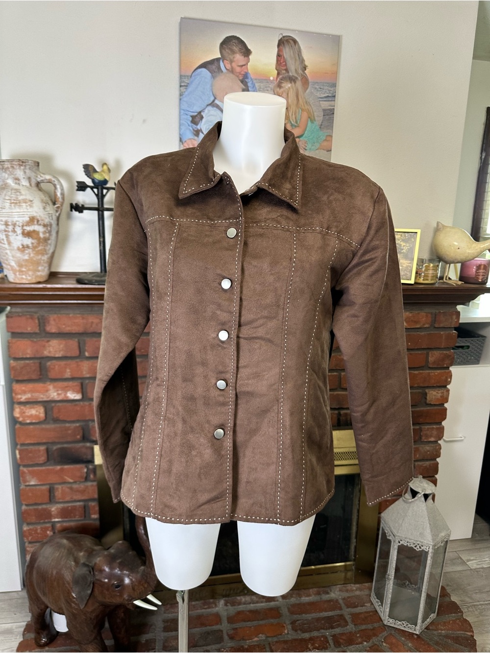 Women's Brown Faux Suede Button-Front Jacket -medium